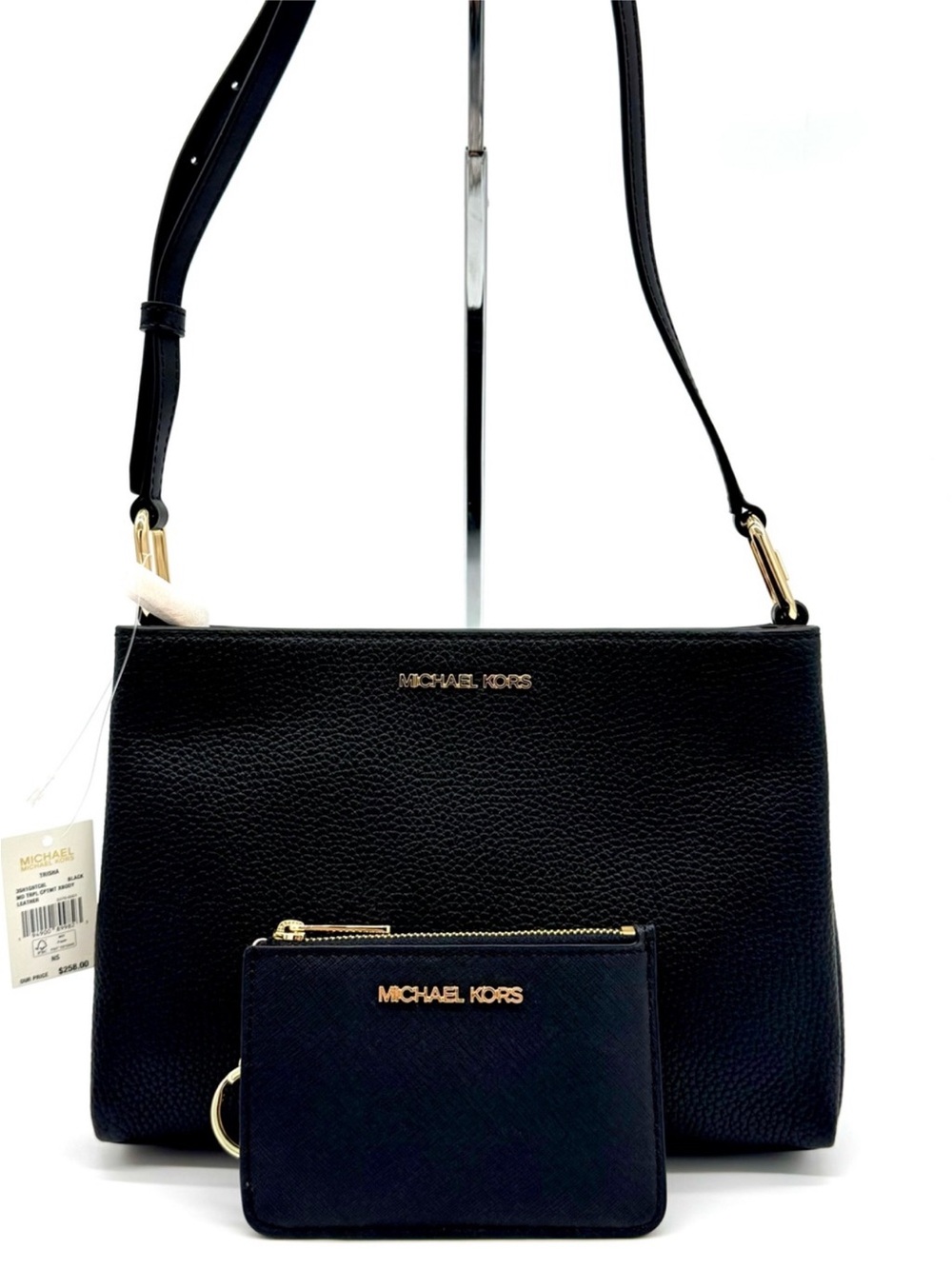 Michael Kors Trisha Medium Pebbled Leather Crossbody Bag w Matching TZ Coinpouch